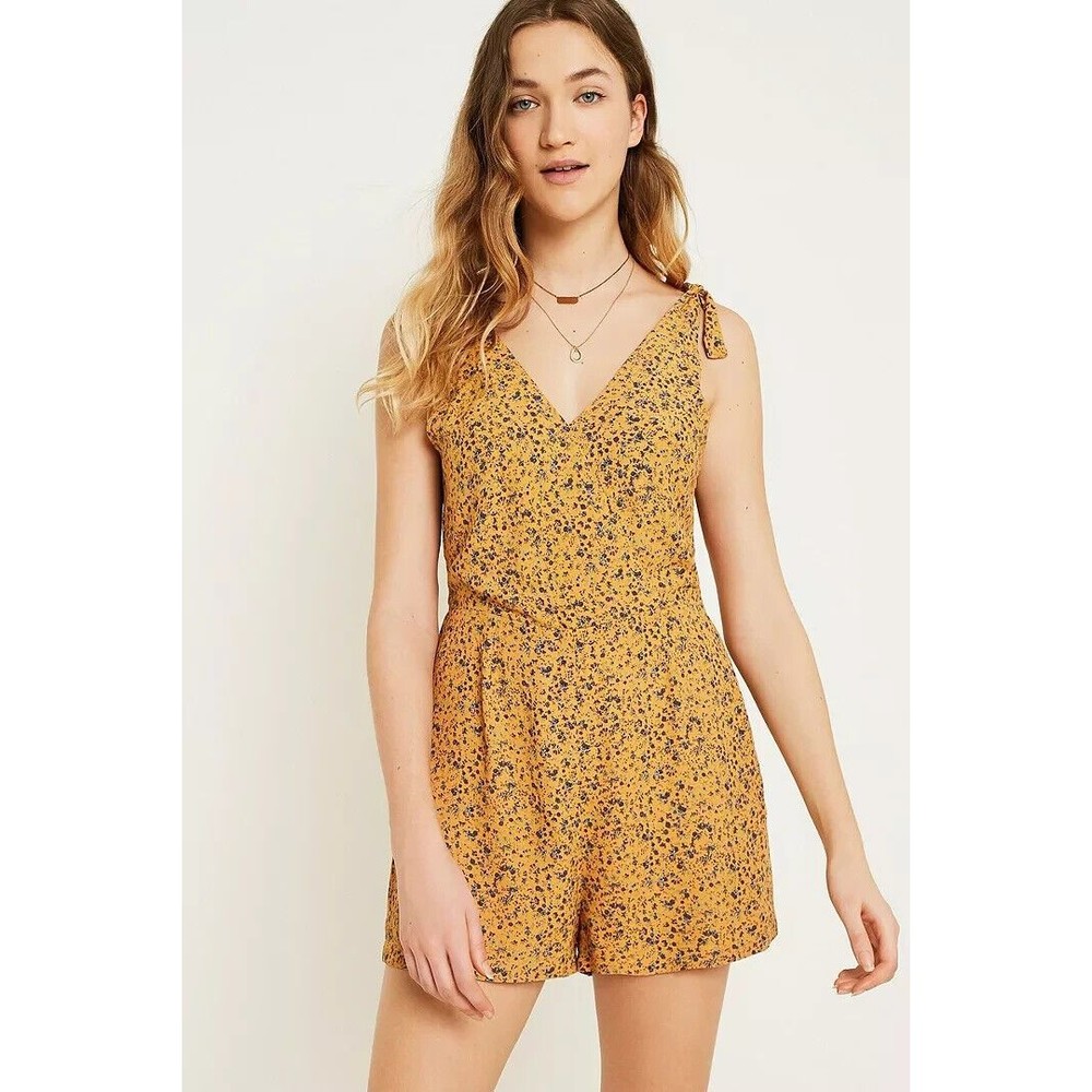 UO Urban Outfitters Sally Surplice Floral Print Playsuit 8 Yellow Romper New